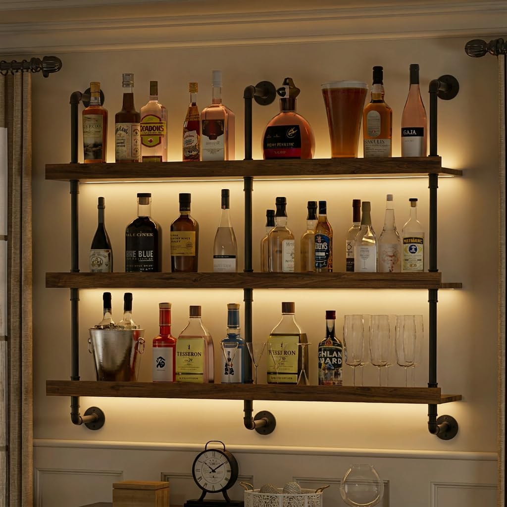 Home Bar Shelves - 벽걸이식 LED 조명 와인랙 3단 플로팅