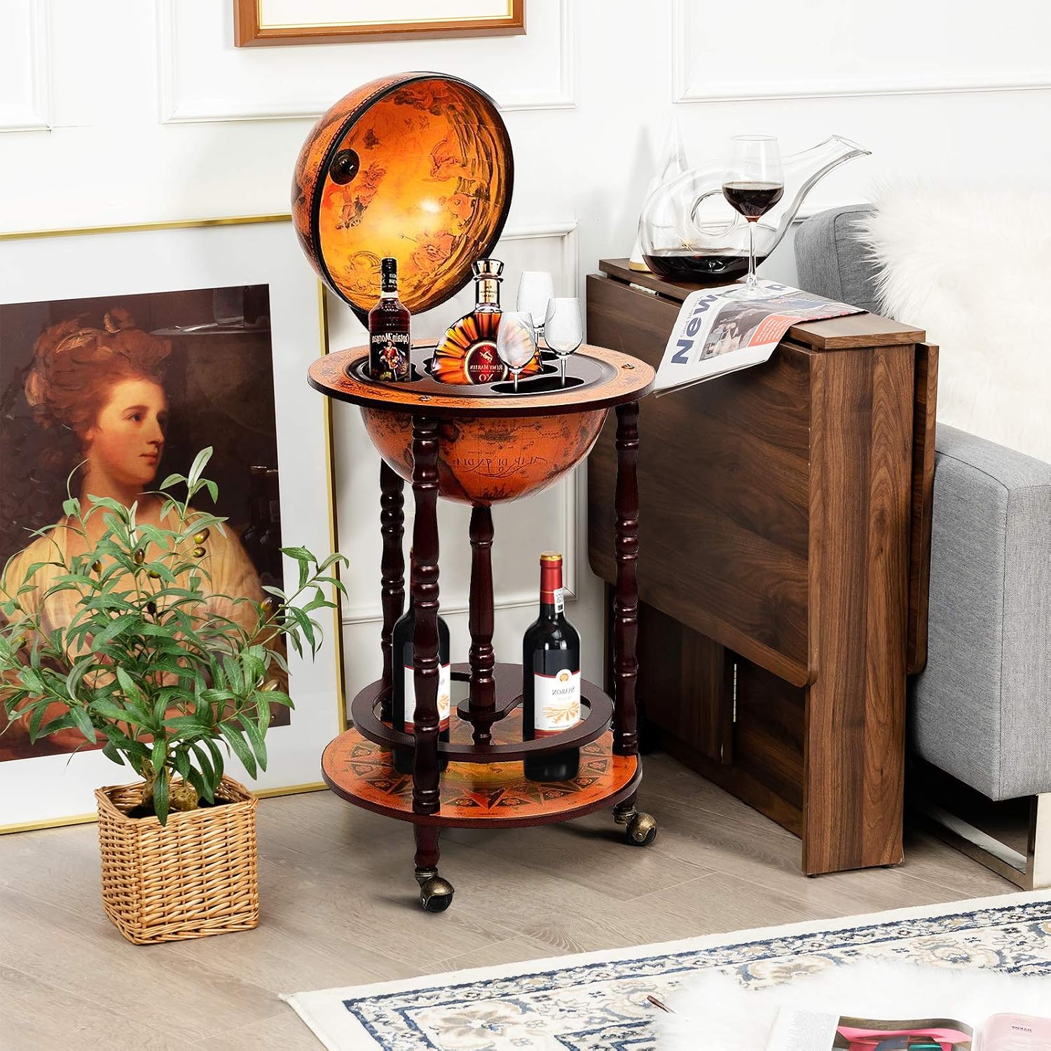 글로브 바 카트 주류 바 캐비닛, 이동식 바퀴, 하단  - Home Bar Shelves 리뷰 및 가격